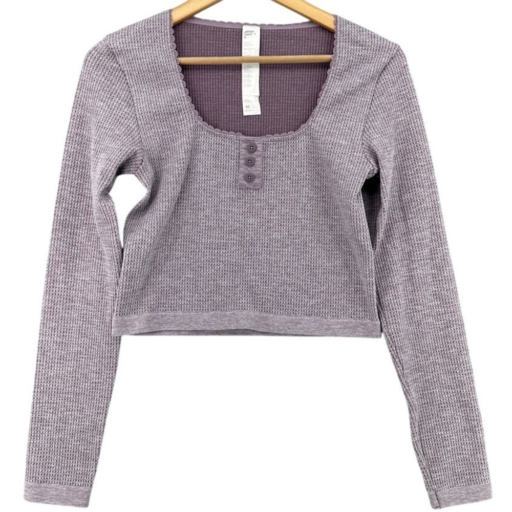 Fabletics Purple Waffle Knit Henley Crop Top Scallop Lace Trim Long Sleeve M